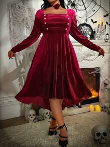 Flirla Halloween Plus Size Women Elegant Long Sleeve Button Decor Square Collar Palace Style Fall Dress - Burgundy - View 3
