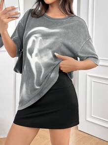 SHEIN EZwear 圆领短袖印花简约T恤，休闲日常穿着 - 灰色 - 查看 4