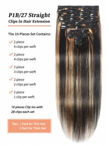 160g 10 Pcs/Set Highlight Clip In Real Human Hair Extensions Silky Straight Black Mixed With Brown Clip Ins Hair Extensions - S1/27 - View 3