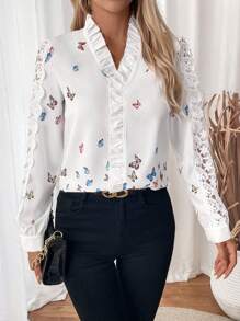 SHEIN Clasi Women Spring & Autumn Butterfly Print Contrast Lace Long Sleeve Elegant Blouse - White - View 6