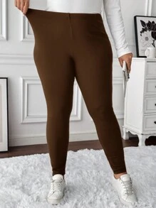SHEIN LUNE Damen Leggings in Große Größen mit elastischem Bund, thermisch gefüttert, für den Lässig-Bereich - Schokoladenbraun - Übersicht 4