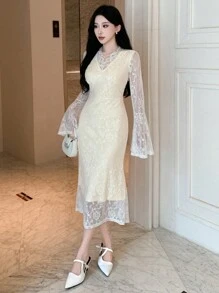 DAZY V-Neck Lace Midi Dress For Women,Ruffle,Fall Clothes Long Sleeve Dress - White - View 8