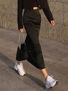 DAZY Women's Slit-Up-To-Thigh Long Skirt - Black - View 3