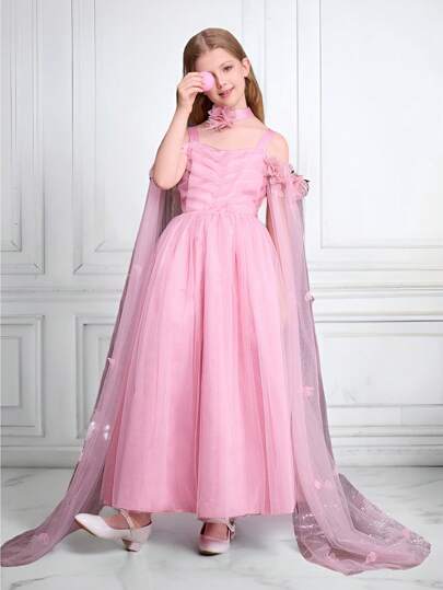 SHEIN Tween Girl Elegant Pink Mesh Cape Flower Party Dress, Suitable For Formal Occasions Such As Prom, Christmas, Halloween, Easter, Etc.