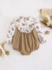 SHEIN LMoss Kids LMoss Baby Girl Newborn Baby Girl Ditsy Floral Bodysuit, Knitted Ruffle Collar Corduroy Patchwork One-Piece Outfit For Holiday & Party - Apricot - View 9
