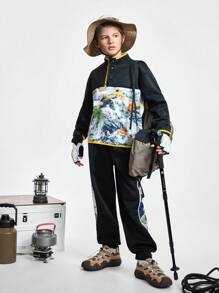 SHEIN 2pcs Tween Boy Contrast Color Printed Mountain Design Zipper Closure Warm Outdoor Top & Pants Sports Set