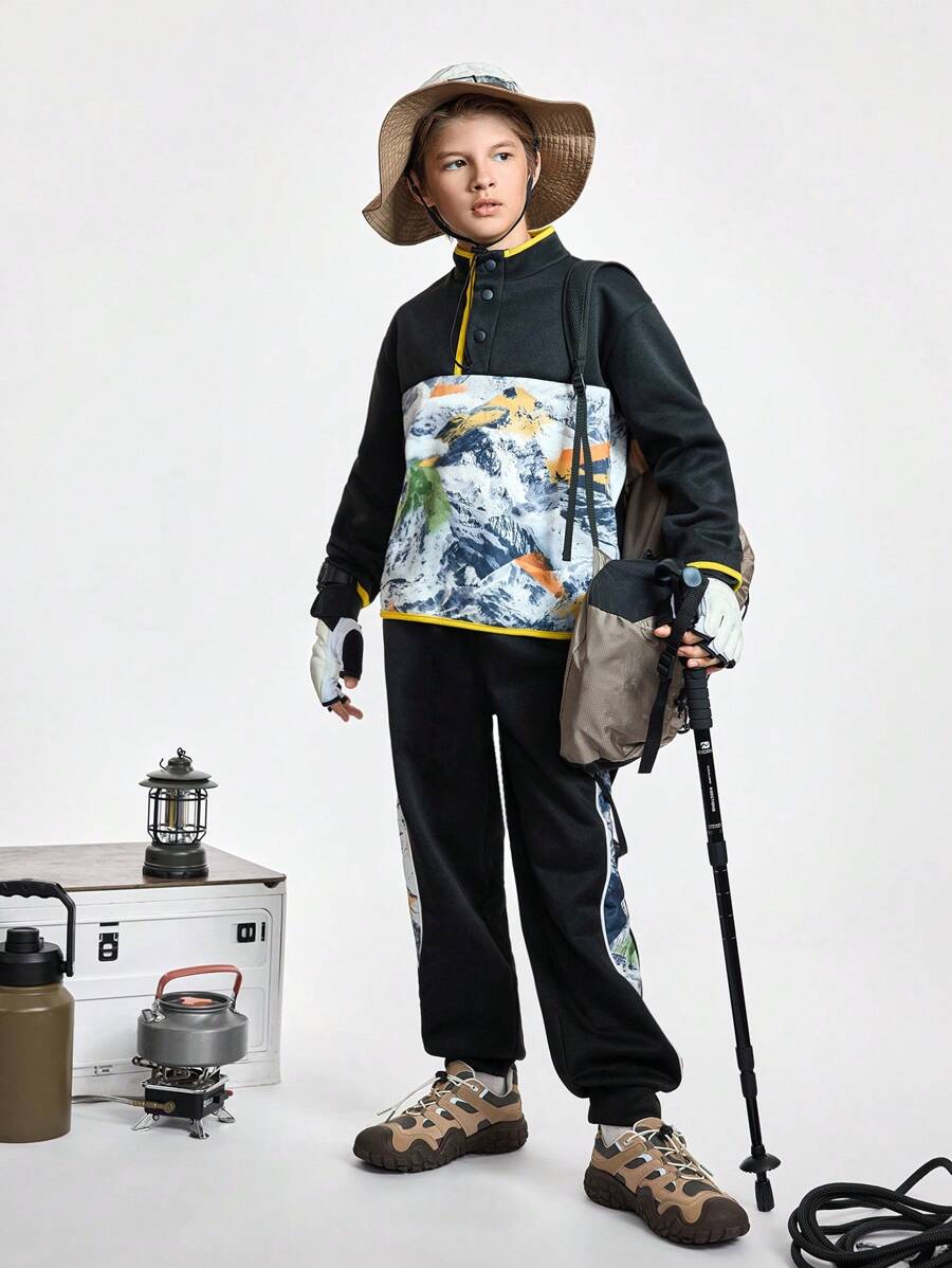 SHEIN 2pcs Tween Boy Contrast Color Printed Mountain Design Zipper Closure Warm Outdoor Top & Pants Sports Set