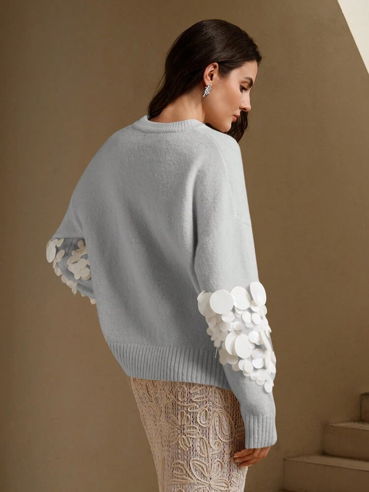 Hand-Embellished Bead & Sequin Soft Knit Sweater Knit Pullover Fall Winter
