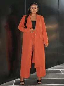 Slaydiva Women Plus Size Brown Solid Color Blazer And Pants Suit, Business Commute - Rust Brown - View 4