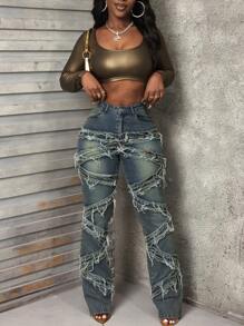 Quần Jeans Denim Rửa Sạch Viền Xỉn Phong Cách Đường Phố Thường Ngày Cho Nữ - Màu xanh lam - Xem 3