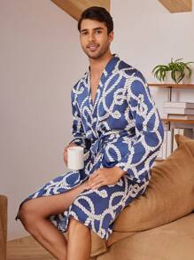 Men Rope Print Long Sleeve Robe Loungewear - Blue - View 1