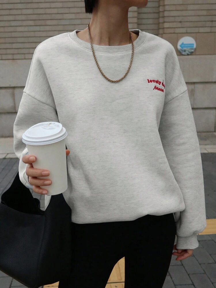 Women's Loose Fit Letter Embroidery Round Neck Fleece Sweatshirt,Long Sleeve Tops,Fall Women Clothes