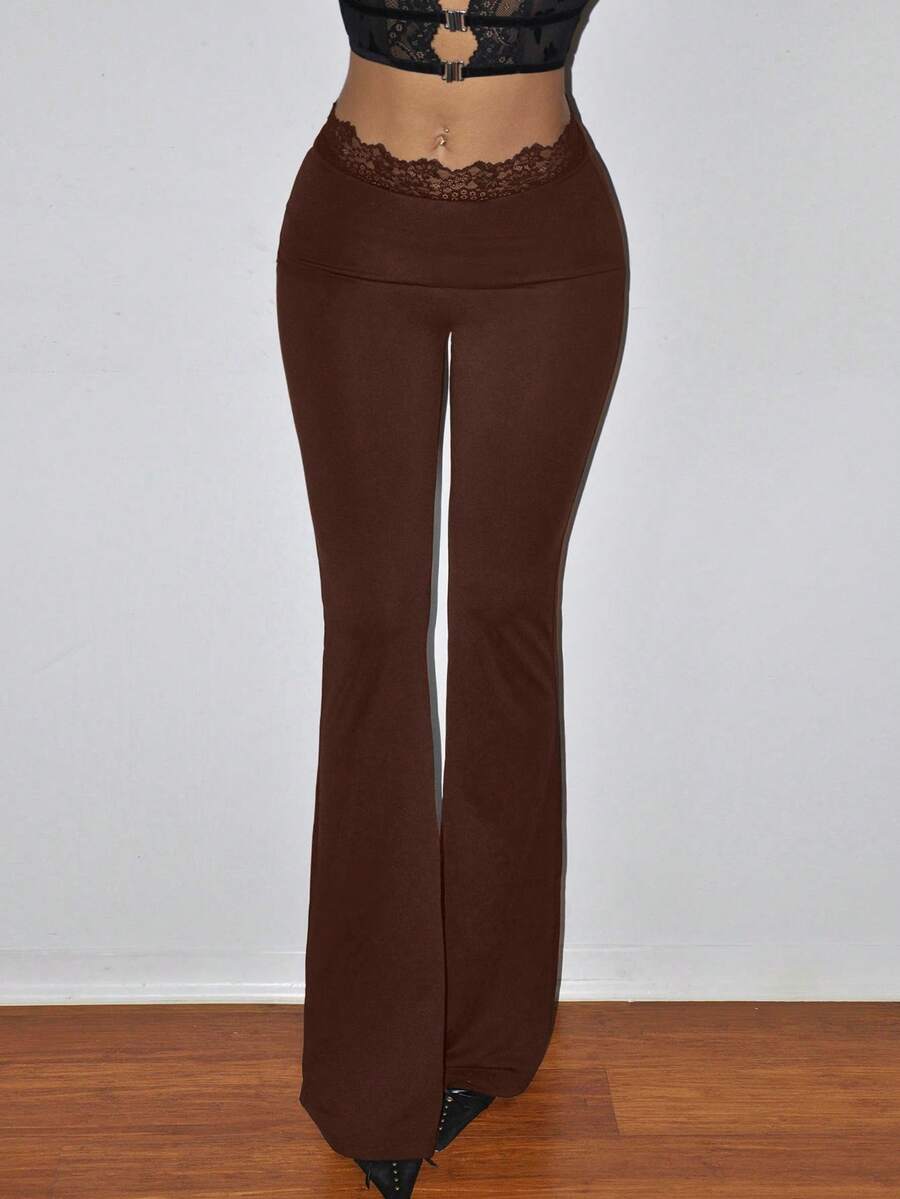 SHEIN ICON Quần ống loe thường ngày viền ren ôm vừa vặn dành cho nữ