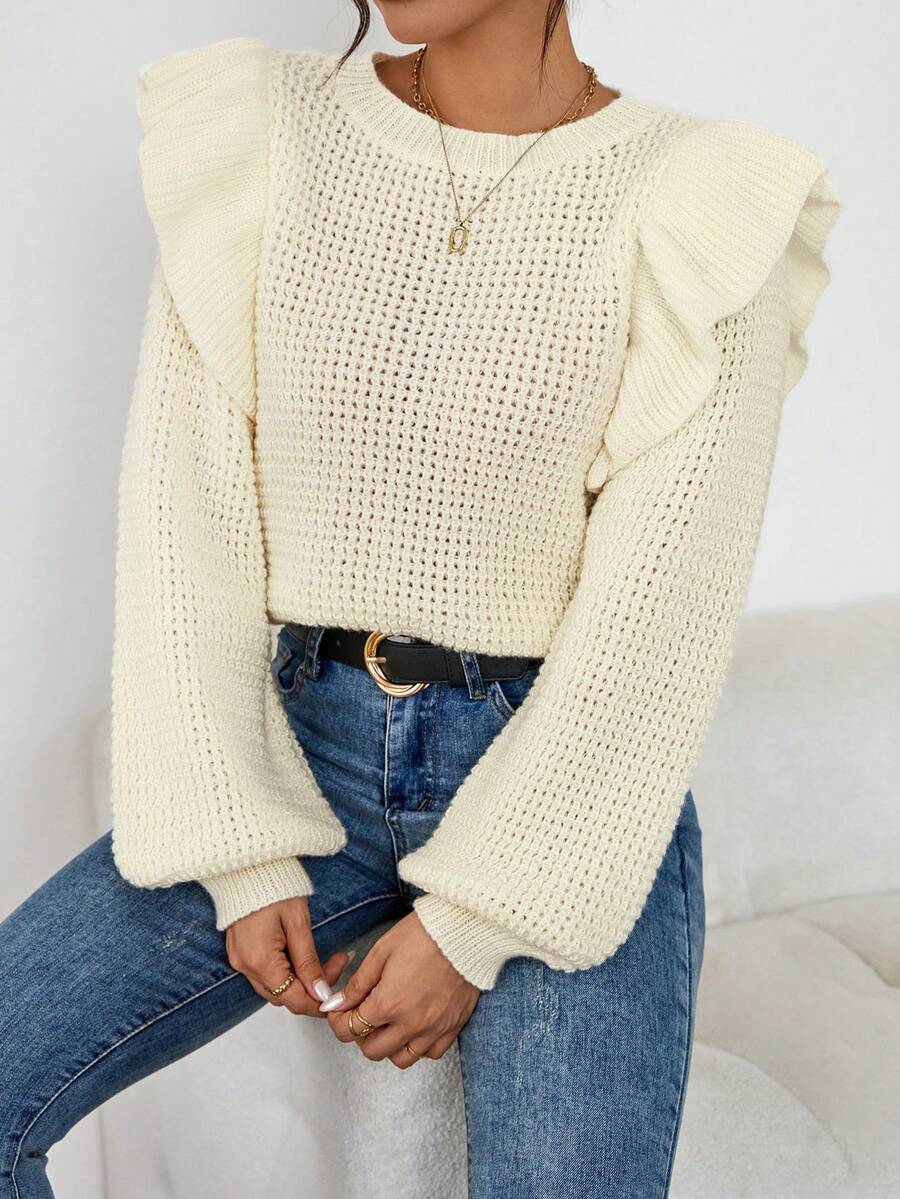 Women's Solid Color Round Neck Long Sleeve Ruffle Patchwork Loose Casual Sweater, Autumn/Winter - Beige - View 1