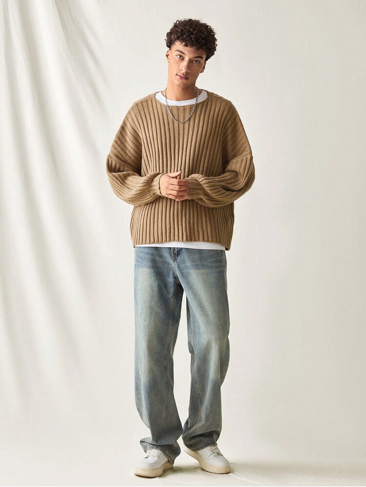 Manfinity VCAY Men Knitted Casual Loose Fit Long Sleeve Sweater - Mocha Brown - View 3