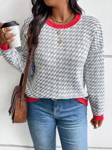 SHEIN LUNE Plus Size damski swobodny sweter w kratę z kontrastowym wykończeniem, jesień/zima, Boże Narodzenie, odzież damska - Wielokolorowe - Zobacz 3