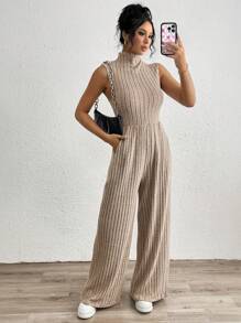 Rafferiza Women's Thick Turtleneck Sleeveless Fluffy Wide Leg Jumpsuit, For Autumn And Winter - Khaki - View 1