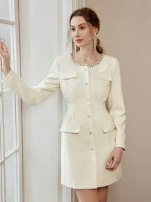 MOTF PREMIUM FLAP DETAIL SINGLE BREASTED PLACKET DRESS - White - View 11