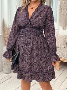 Flirla 大码女式全身印花荷叶边下摆长袖短款优雅连衣裙 - 藏蓝色 - 查看 4