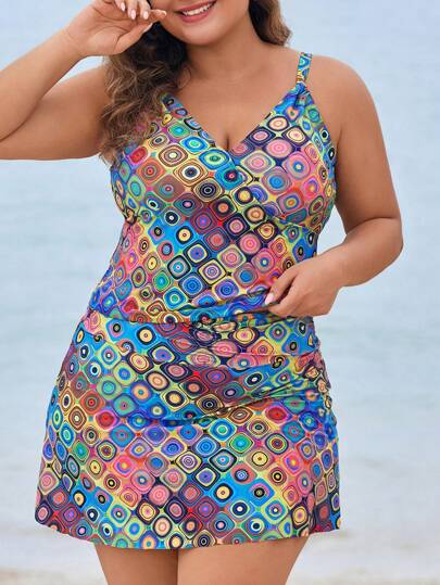 Swim Lushoire Plus Size Summer Beach Full Print Camisole Tank Top And Mini Skirt Tankini 2-Piece Set (Random Print)