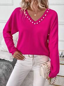 SHEIN Clasi Jersey de punto con escote en V y adorno de perlas de imitación, para mujer, otoño/invierno
