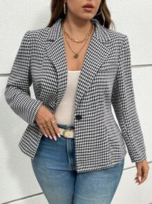 SHEIN Essnce 大码女装秋装新款时尚休闲通勤优雅职场工作返校服教师服商务职业骄傲装黑色上衣商务休闲大码外出上衣黑色西装外套大码女装秋冬新款时尚休闲法式黑白千鸟格西装外套 - 黑與白 - 查看 1