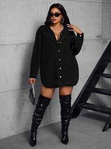 SHEIN SXY 大码无弹力时尚休闲牛仔夹克，秋装 - 黑色 - 查看 5