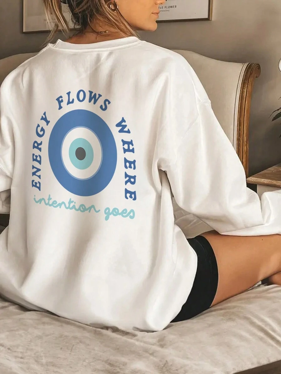 女士秋冬标语图案长袖圆领运动衫，休闲宽松百搭假日风格上衣，时尚秋季女装，适合日常穿着 - 白色 - 查看 1