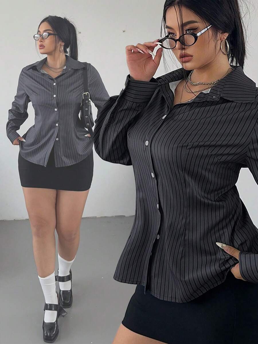 POPSWAY Plus Size Spring & Autumn Casual Striped Waist Shirt Fall Cloth For Women - Multicolor - View 1