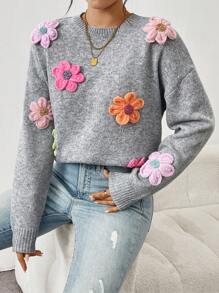 Chiquease Áo len cổ tròn dáng rộng, thoải mái, họa tiết hoa 3D nhiều màu sắc, thời trang thu đông, dịu dàng, nhẹ nhàng, kiểu dáng giản dị, chất liệu dệt kim. - Nhiều màu - Xem 3