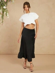 L'Amorae Midi Skirt With Bow Details And Side Slit - Black - View 4