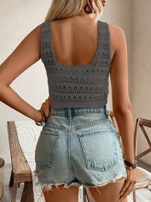 SHEIN Clasi Women's Solid Color Hollow Out Front Tie Sleeveless Knit Blouse - Dark Grey - View 2