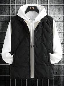 Manfinity 男式纯色前拉链休闲加垫背心，冬季 - 黑色 - 查看 1