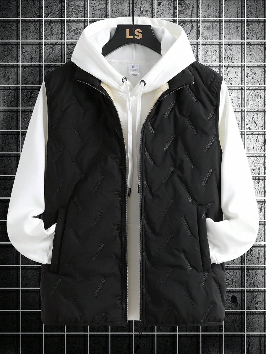 Manfinity 男式纯色前拉链休闲加垫背心，冬季 - 黑色 - 查看 1