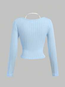 SHEIN Girlism Teen Girl Kawaii Ballet Bow & Lace Trim Blue & White Long Sleeve 2-In-1 T-Shirt - Blue and White - View 2