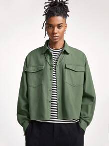 Manfinity VCAY Men's Loose Woven Long Sleeve Shacket, For Fall Winter - Green - View 1