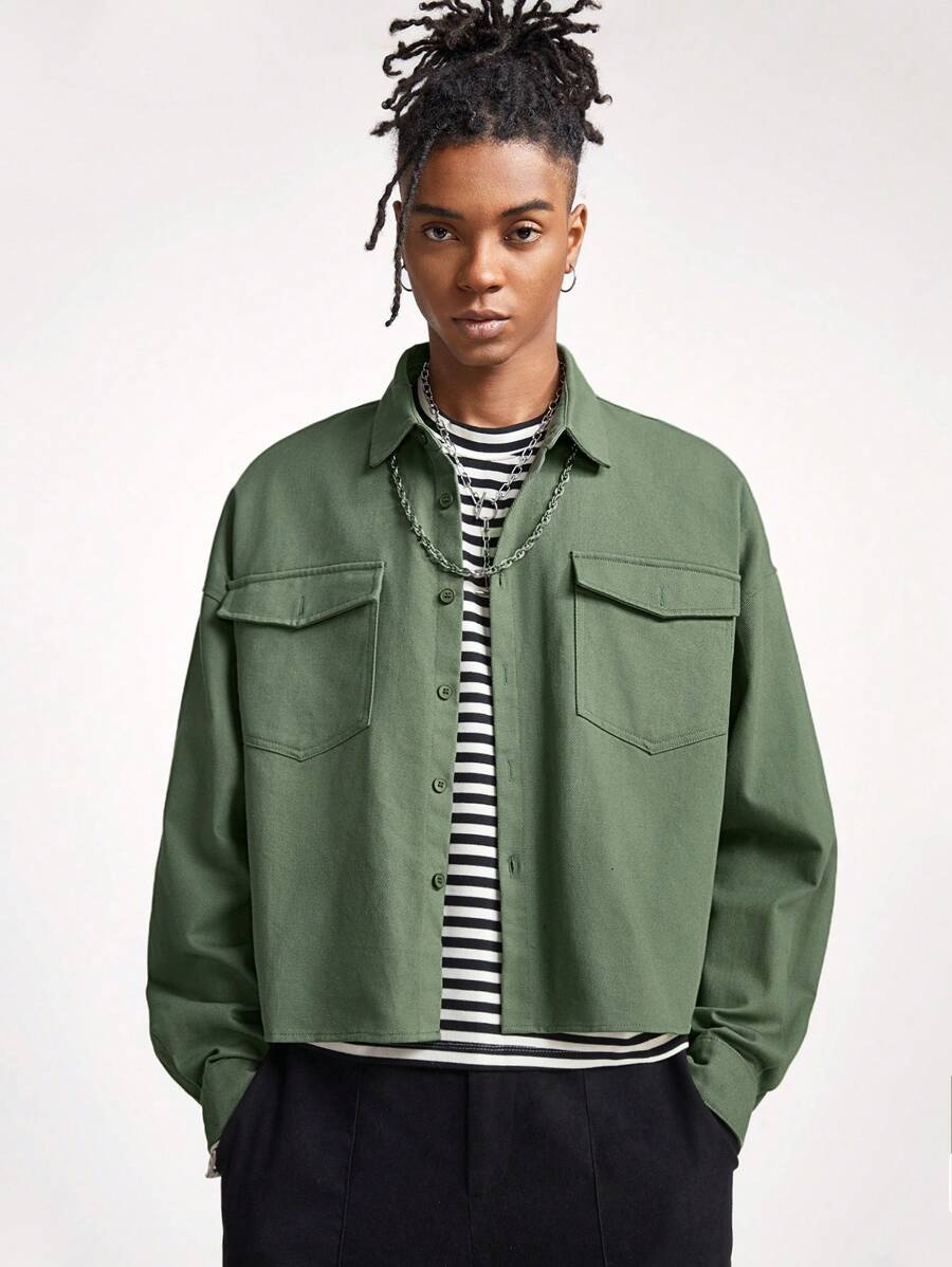 Manfinity VCAY Men's Loose Woven Long Sleeve Shacket, For Fall Winter - Green - View 1