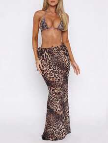 SHEIN Essnce 2pcs Women Sexy Leopard Print Bikini & Bodycon Skirt Set - Multicolor - View 4