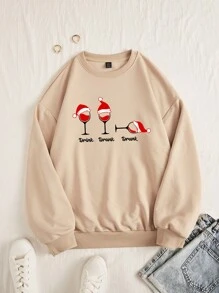 SHEIN LUNE Christmas "Drink Drank Drunk" Wine Glass Pattern Casual Simple Crew Neck Thick Loose Fit Pullover Sweatshirt For Women, Suitable For Autumn/Winter,Long Sleeve Tops - Apricot - View 3