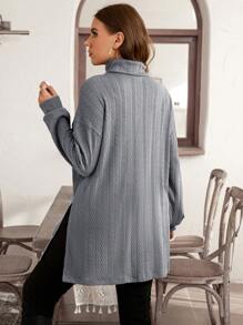 SHEIN LUNE 大码休闲宽松高领开衩下摆 T 恤，秋季 - 灰色 - 查看 2