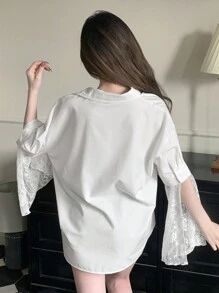 DAZY Blus Patchwork Lengan Lonceng dengan Hiasan Renda Transparan untuk Pakaian Kantor Wanita, Atasan Lengan Panjang untuk Pakaian Musim Gugur - Putih - View 5