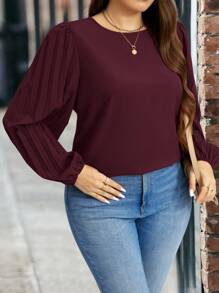 SHEIN LUNE Plus Size Women's Spring Summer Plain Round Neck Pleated Lantern Sleeve Elegant Blouse