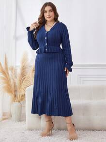Modelyn Plus Size Elegant Solid V-Neck Long Sleeve Sweater Dress, For Winter