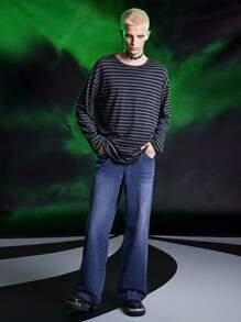 ROMWE MEN Beetlejuice | ROMWE Men Casual Cartoon And Letter Printed Wide Leg Jeans - Purple - View 7