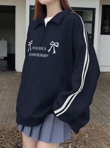 DAZY Autumn New Bowknot Printed Loose Casual Women Sweatshirt For Back To School,Long Sleeve Tops