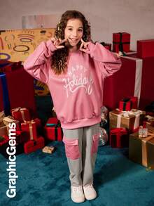 2 件套 Tween Girl 字母印花运动衫和撞色运动裤圣诞套装 - 粉色 - 查看 7