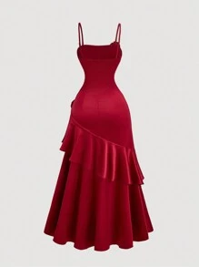 SHEIN MOD Women Red Ruffled Cami Long Dress, New Year,Valentine/Party/Festival Costume, Women Dress,Elegant Women Dresses,Homecoming Dresses - Burgundy - View 2