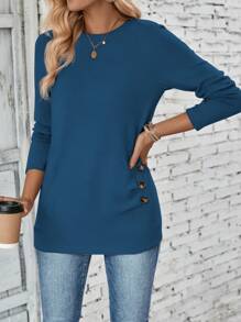 EMERY ROSE Camiseta casual de manga larga con cuello redondo de unicolor para mujer, con botones a los lados y diseño fruncido, para primavera y otoño - Agua verde azul - Ver 7