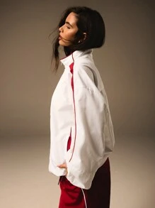 Athîral 女式撞色前拉链长袖休闲夹克 - 白色 - 查看 7
