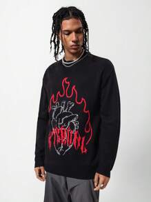 SHEIN Teen Boys' Flame Pattern Knit Sweater With Crew Neck Design